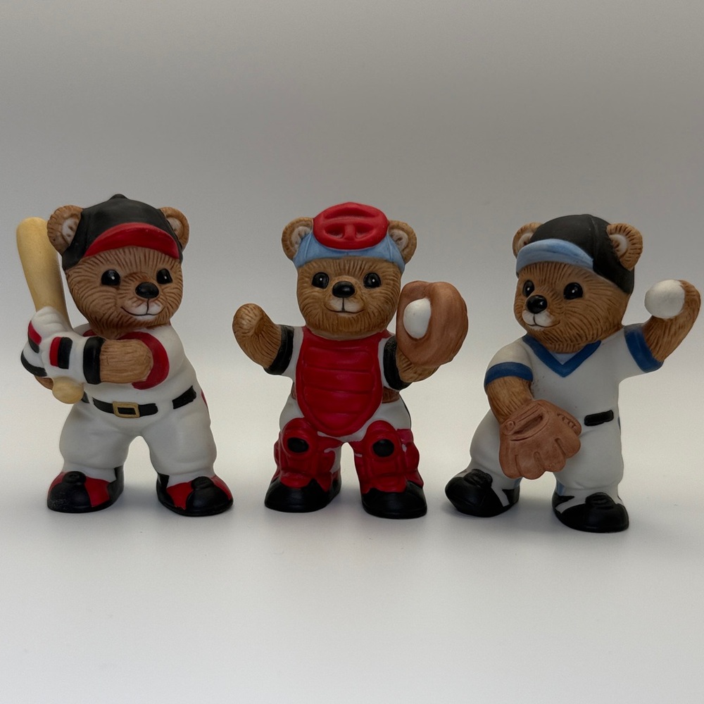 Charming Baseball Bear Action Figure Trio - Red, Blue, Black